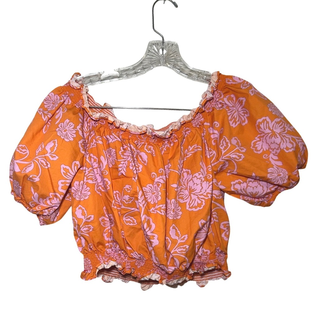 XIRENA Elle Orange Pink Floral Puff Sleeve Off Shoulder Crop Top L resort